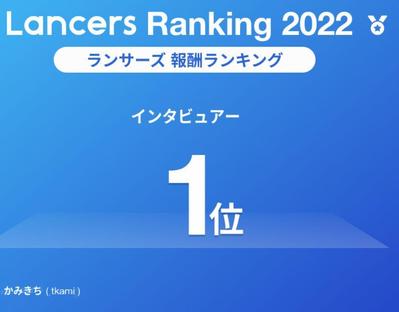 2022年ランサーズ報酬ランキング職種別「インタビューアー」で1位を獲得しましたました