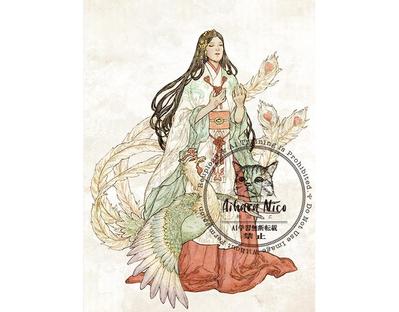 ミュシャ風巫女のキャラクターイラスト描きました