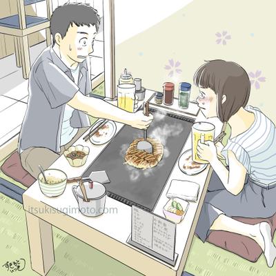 お好み焼き屋さんでの一コマイラストを作成しました