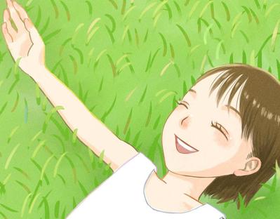 草原に寝転ぶ女の子のイラストを描きました
