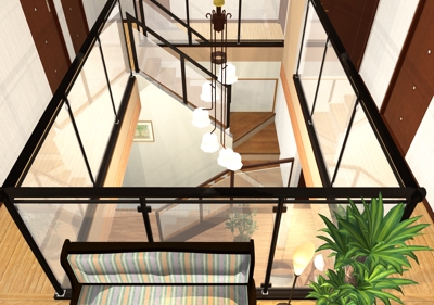「リビングの天井が吹抜けでオープン階段のある家」の内観パースを作成しました