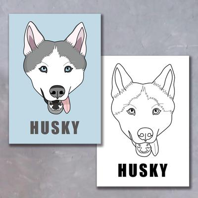 ハスキー犬のカラーイラストと線画イラストを作成致しました