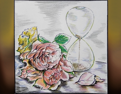 砂時計と枯れかけた薔薇を描きました