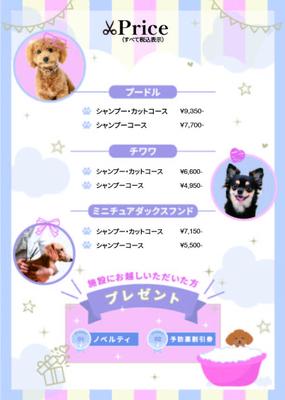 ペットトリミングサロンの価格表チラシを2色のパターンで構成・デザイン制作しました