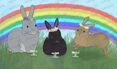 今年虹の橋を渡ったうさぎと、先に渡っていた先代うさぎのイラストを描きました