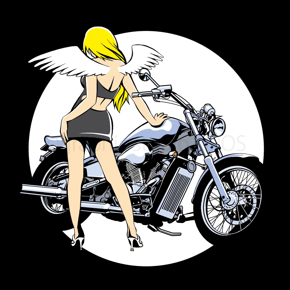オートバイと背中に羽根のある女性のイラストを制作しました