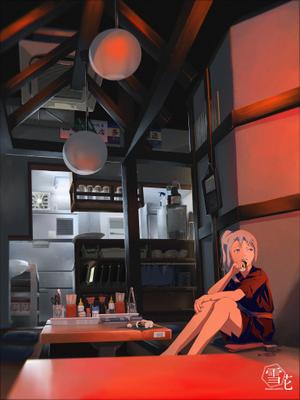 「繫華街の居酒屋の束の間の休息」をイラストとして制作しました