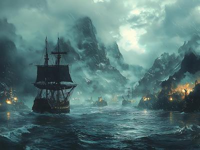 海賊船と荒れた海のイラストをMid•journeyで生成しました