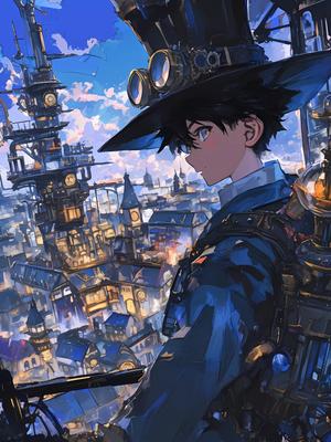 スチームパンクシティの少年のイラストをMidjourneyで生成しました