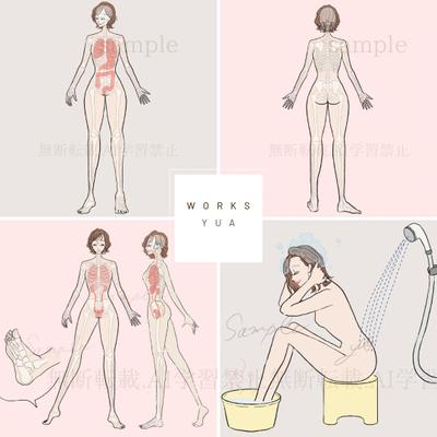 エステ教材の挿し絵用に、女性人体骨格と経路図を約30点描かせていただきました