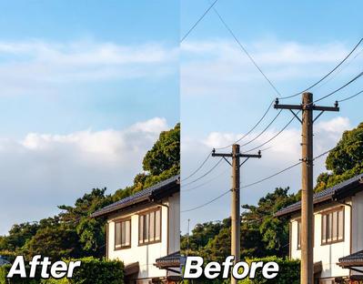 日本家屋の前の電線電柱の削除を行いました