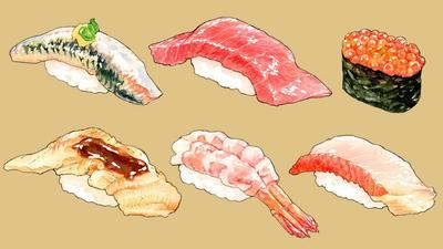お寿司屋さんのメニューパネル用に寿司のイラストを44枚制作しました