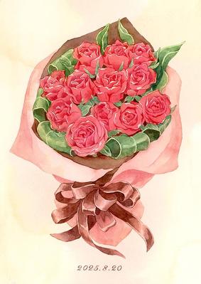 バラの花束（プロポーズブーケ）の水彩画を制作しました