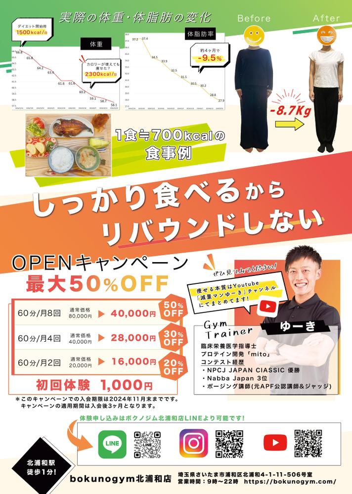 埼玉県北浦和市に新しくOPENするトレーニングジムのチラシを制作させて頂きました