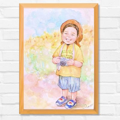 ひまわり畑で微笑む息子さんの似顔絵を制作しました