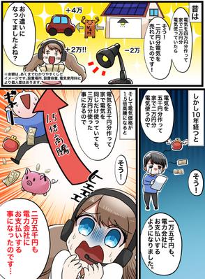 太陽光発電でのメリット、デメリット、また、蓄電器のメリットを漫画にしました