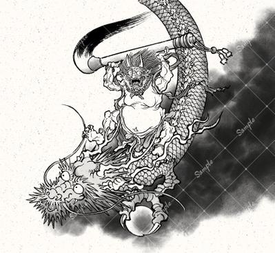 【水墨画・和風】鬼と龍をモチーフに実際の毛筆を使って制作いたしました