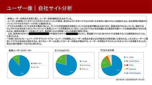 ウェブサイトのリニューアル・改善時の意思決定に役立つ分析レポートを作成し	
ます