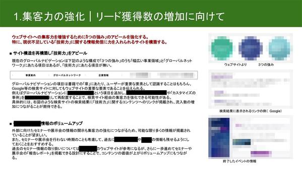 ウェブサイトのリニューアル・改善時の意思決定に役立つ分析レポートを作成し	
ます