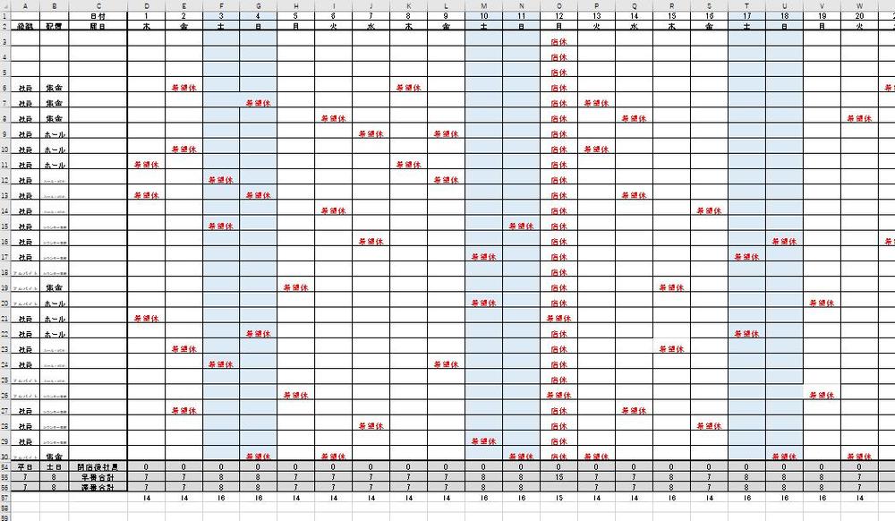 月間勤務表、シフト表をExcelVBAを用いて自動作成します