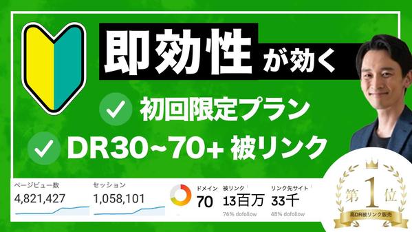 【初回購入者限定プラン】高DR30〜70を含む被リンクを200個！送ります