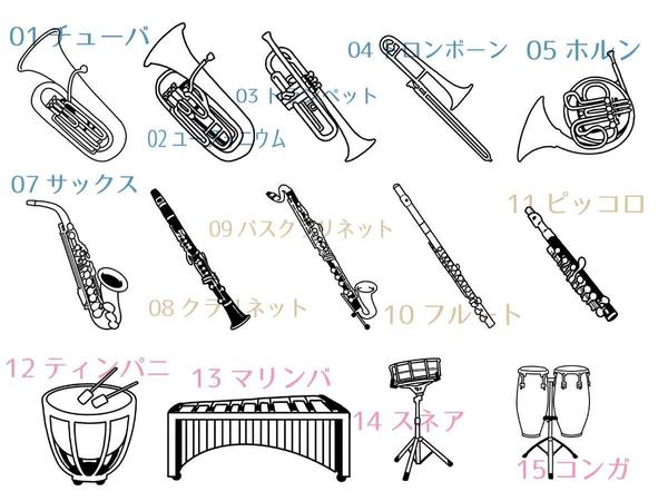 モノクロ印刷に利用出来る、主に吹奏楽で使用する楽器を作画します。ます