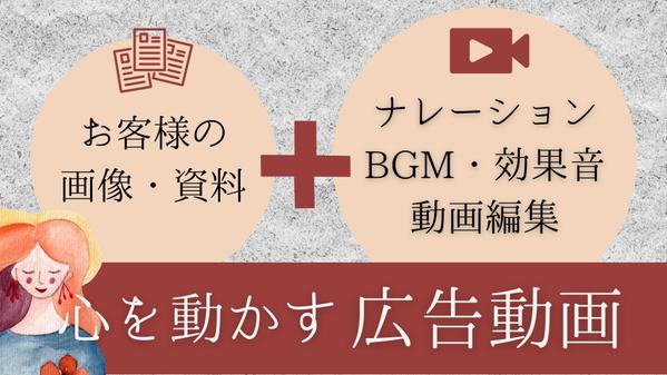 お客様の資料や画像にナレーション・BGM・効果音を追加して動画を制作します