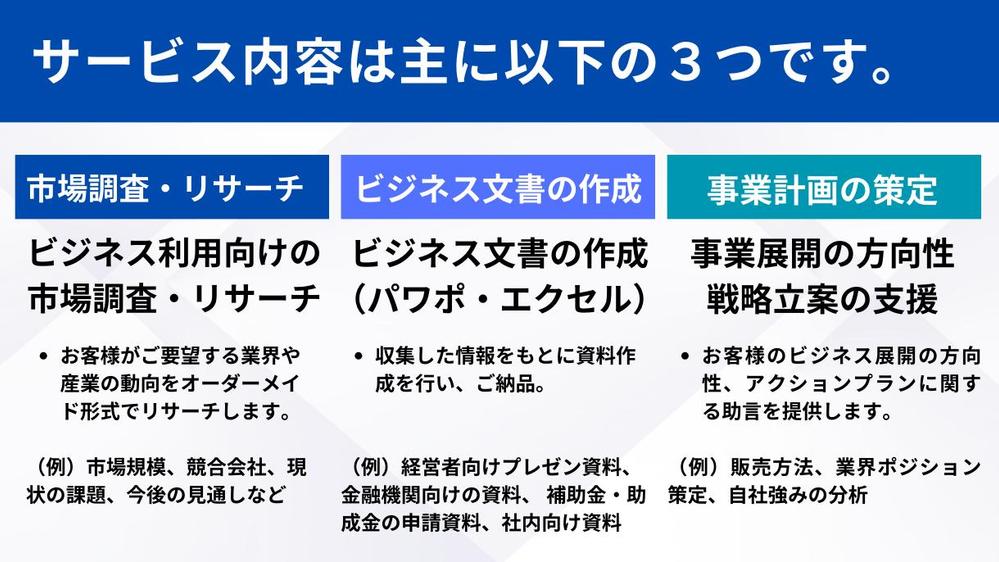 現役経営コンサルが市場調査・事業計画書の作成・資料作成を支援します