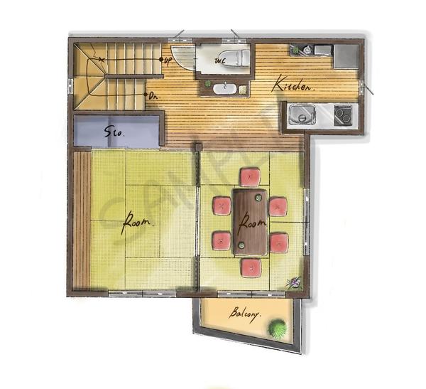 住宅、民泊などの手書き風の水彩風の間取り図を制作します