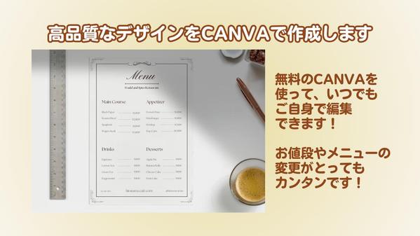 無料アプリCANVAを使って、ご自身で変更できる便利なメニュー表を作成します