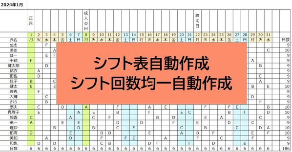 担当者や当番のシフト表を一ヶ月単位で均等に自動作成するエクセルを提供します