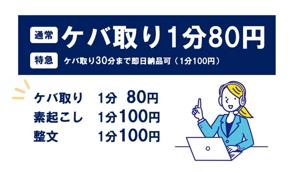 【テープ起こし】ケバ取り1分80円◇30分データまで当日納品可能◇ご相談承ります