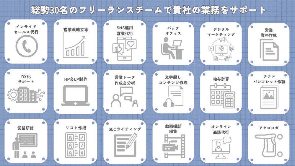 御社の業務全般を総勢30名のフリーランスチームでバックアップします