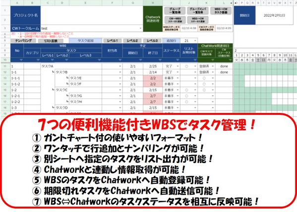 Chatwork連動など便利機能付きのスプレッドシートWBS提供します