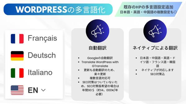 日本語・英語・中国語・韓国語複数翻訳可！既存のホームページに多言語機能追加し ます