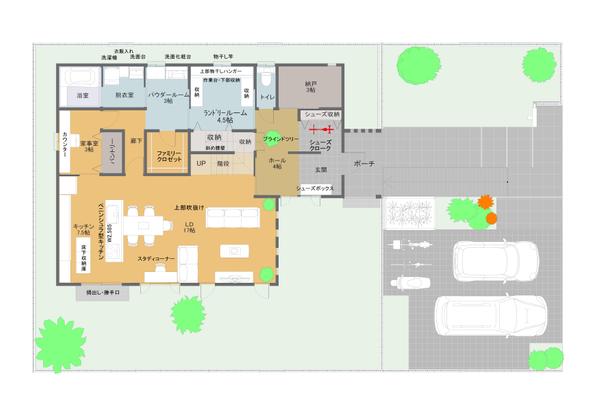 「家族の明るい顔がいつも見える家」の間取り図と、よりリアルな3Dパースを作成致します