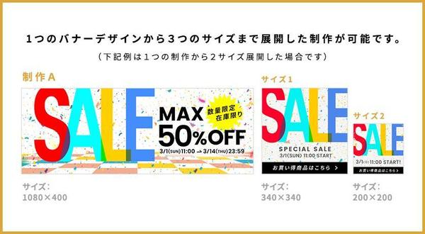 バナー「１点+3サイズ展開（計4点）１万2000円！」制作をうけたまわります