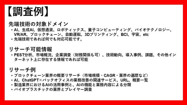 AIや先端技術の、活用事例・企業・技術動向に関して速くリサーチ/調査します