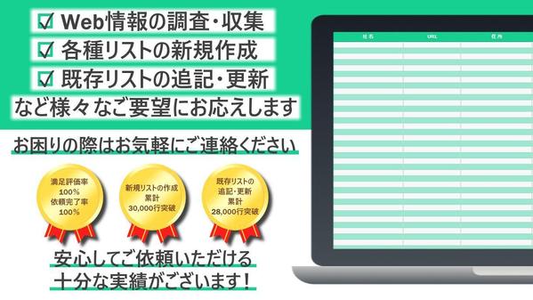 【データの調査・収集】【リストの作成・追記・更新】など多種多様なご要望にお応えします