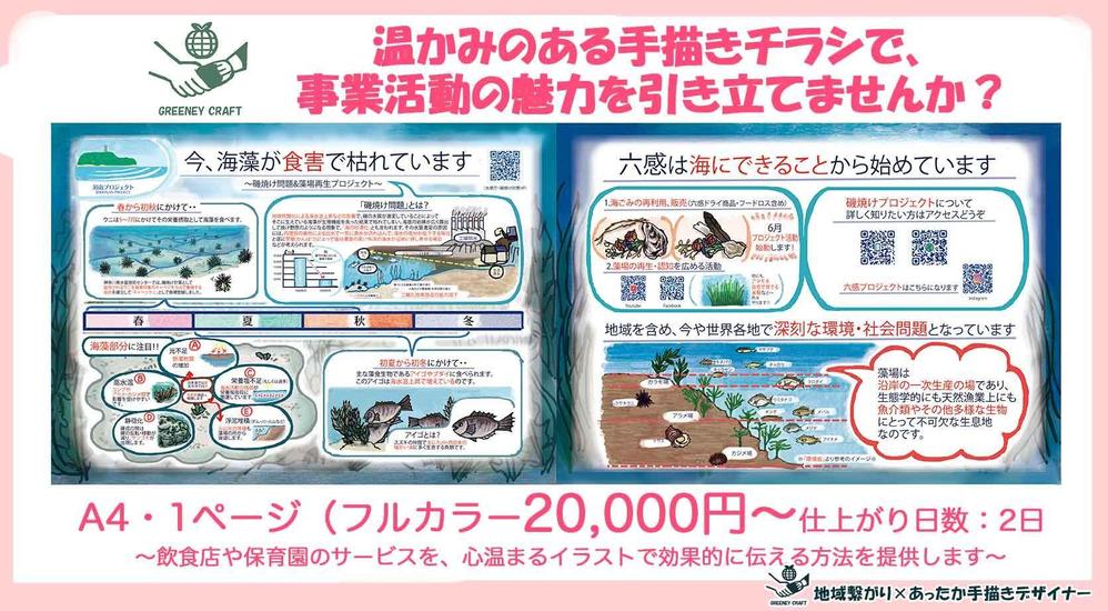 温かい手描きのイラストチラシで事業活動の魅力を引き立てます