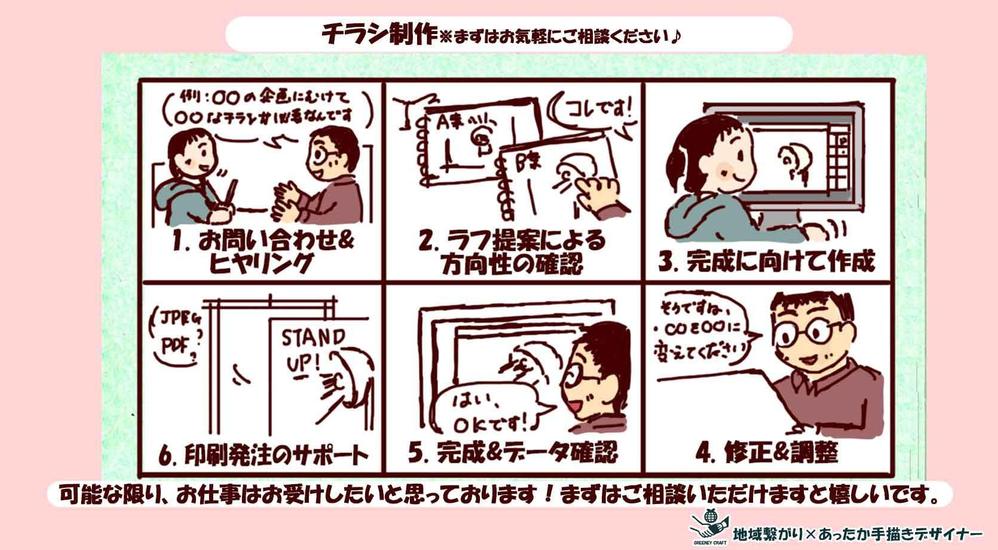 温かい手描きのイラストチラシで事業活動の魅力を引き立てます