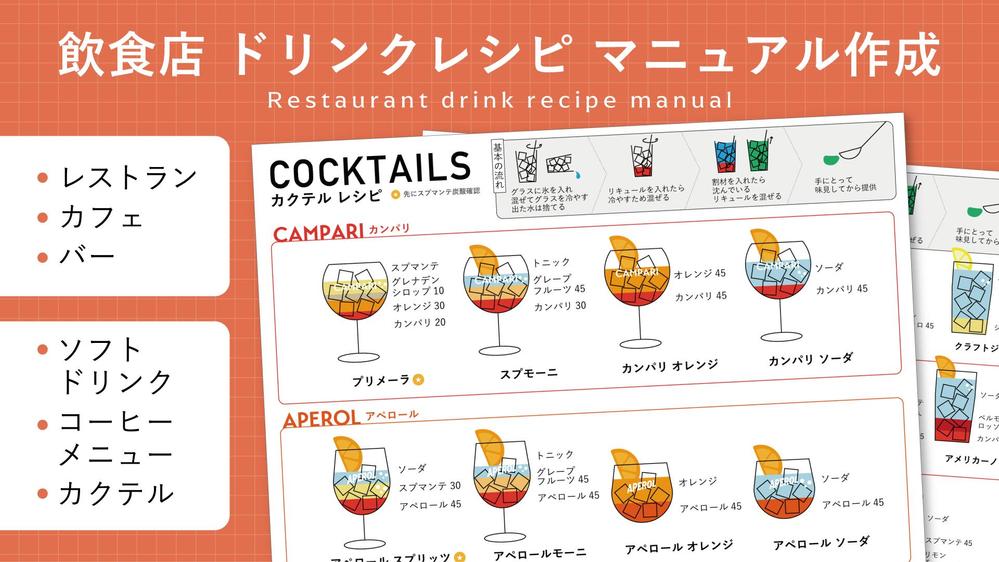 飲食店のドリンク・カクテルレシピのマニュアル資料を作成します