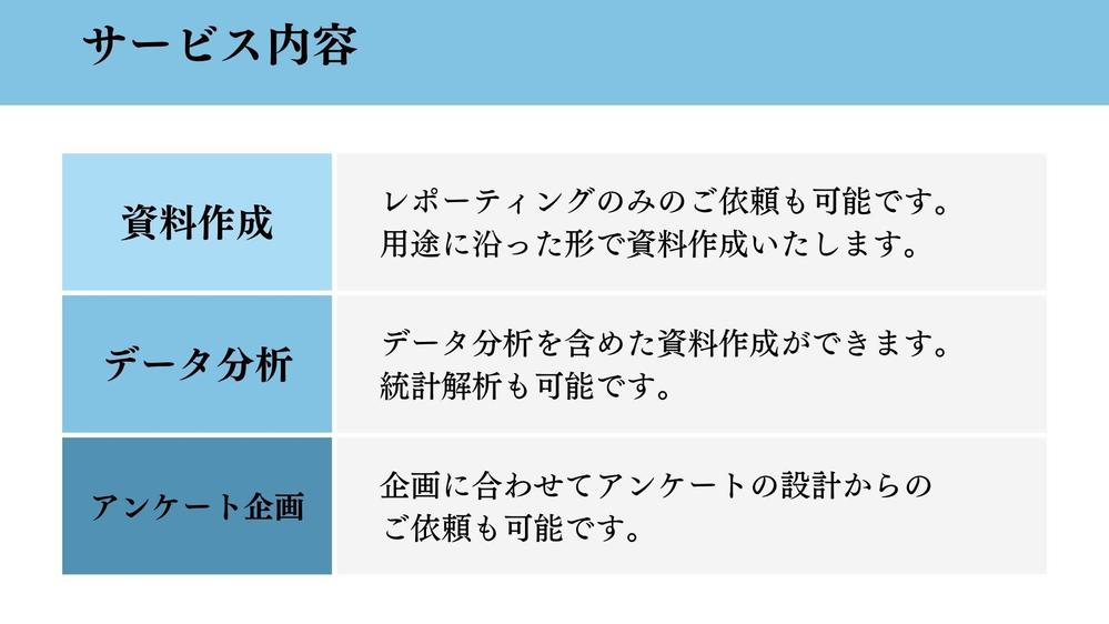 アンケートの設計や資料作成を承ります