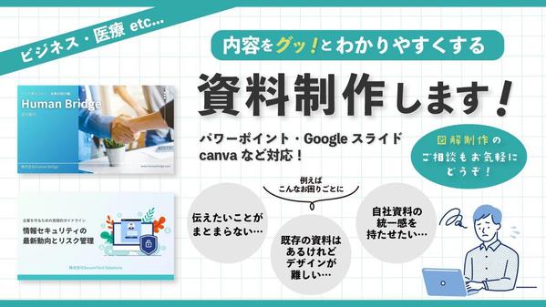 パワポ・Googleスライド・canvaで資料制作します