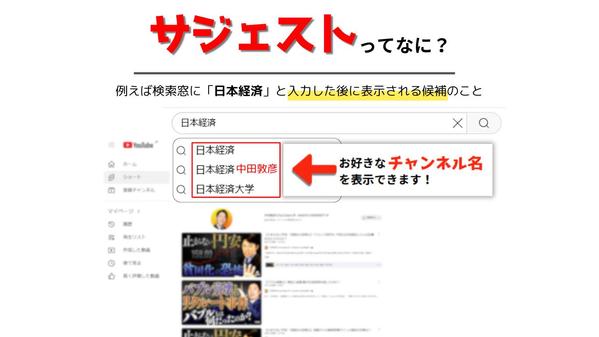 Youtubeの検索窓にお好きな店舗名・商品名・サイト名をサジェスト表示します