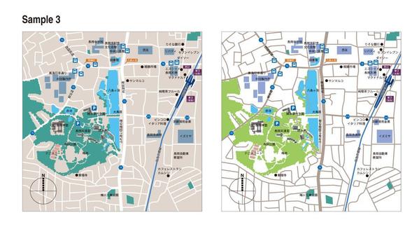 案内板デザイナーが印刷物・HP用に、 色違い「２点 」案内図を作成します