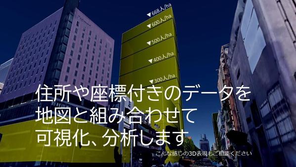 住所や座標付きのデータを地図と組み合わせて可視化、分析します