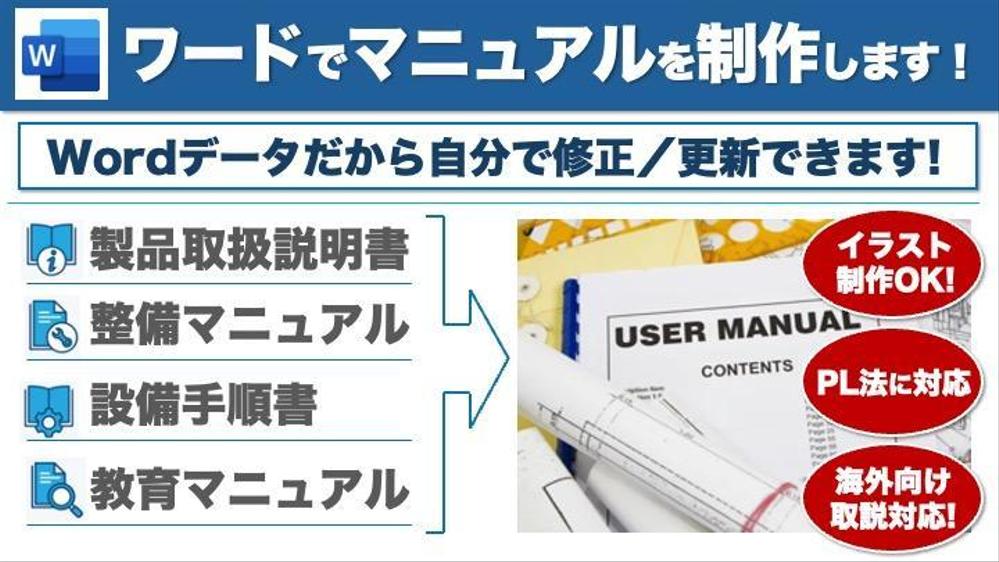 取扱説明書／マニュアルを作成します。ワード形式だから自分で修正や更新ができます
