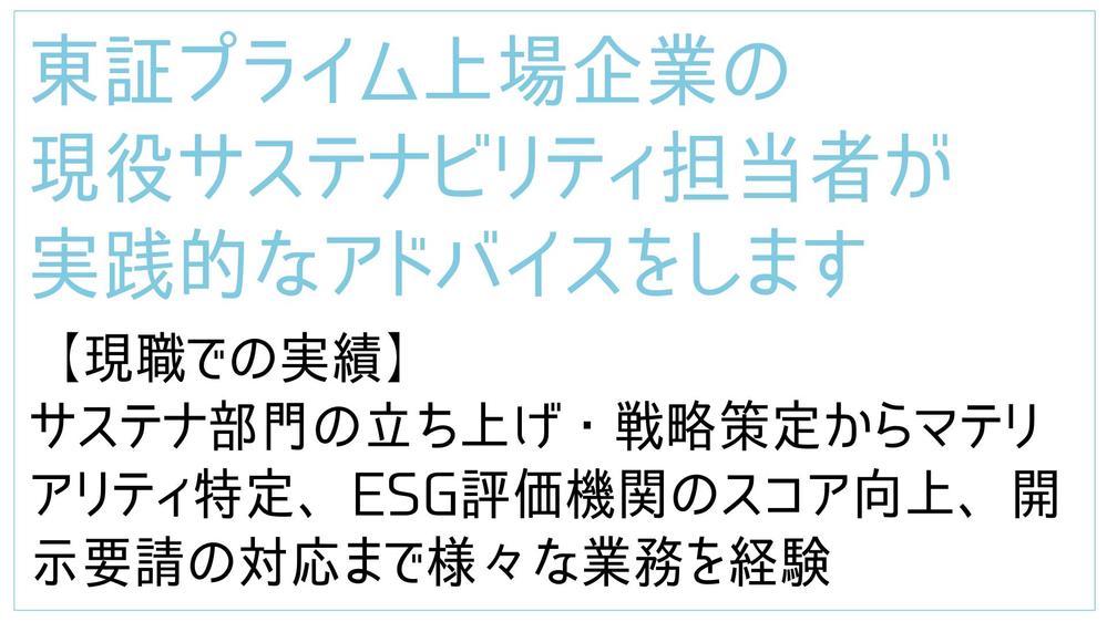 上場企業のサステナビリティ/ESG対応なんでもご相談に乗ります