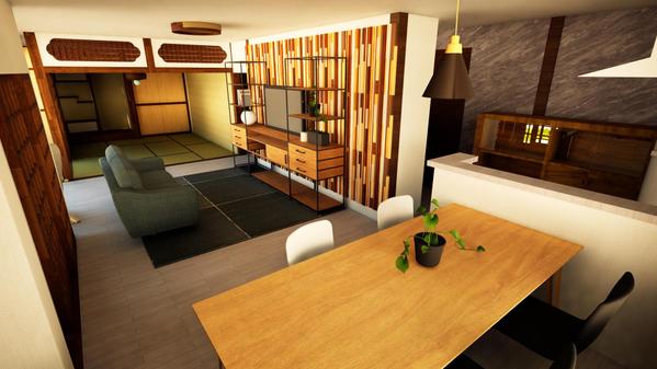 住宅の平面・立面（手書きスケッチ等も可）からパース（内観・局所部分）を作成します